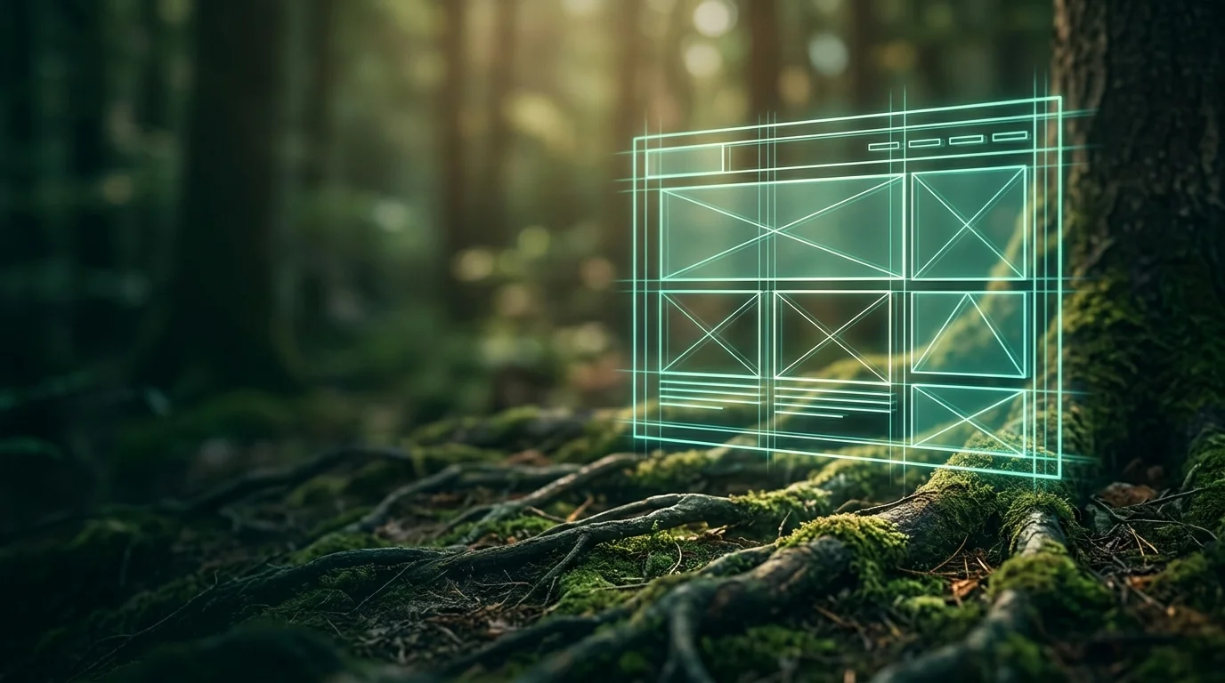 Abstract wireframe layout above forest roots — conversion-focused web design.