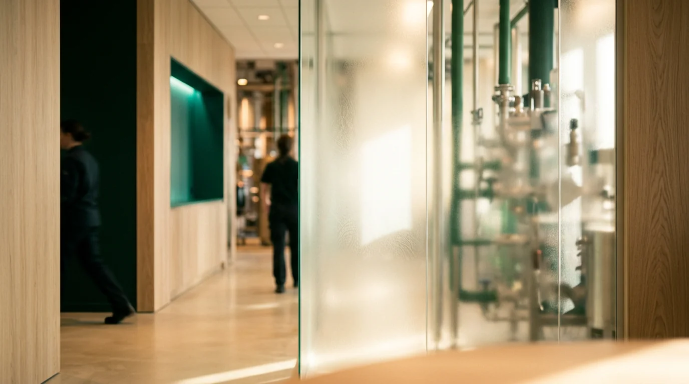 Warm licht door pharma-glaspanelen. Oss pharma en food cluster.